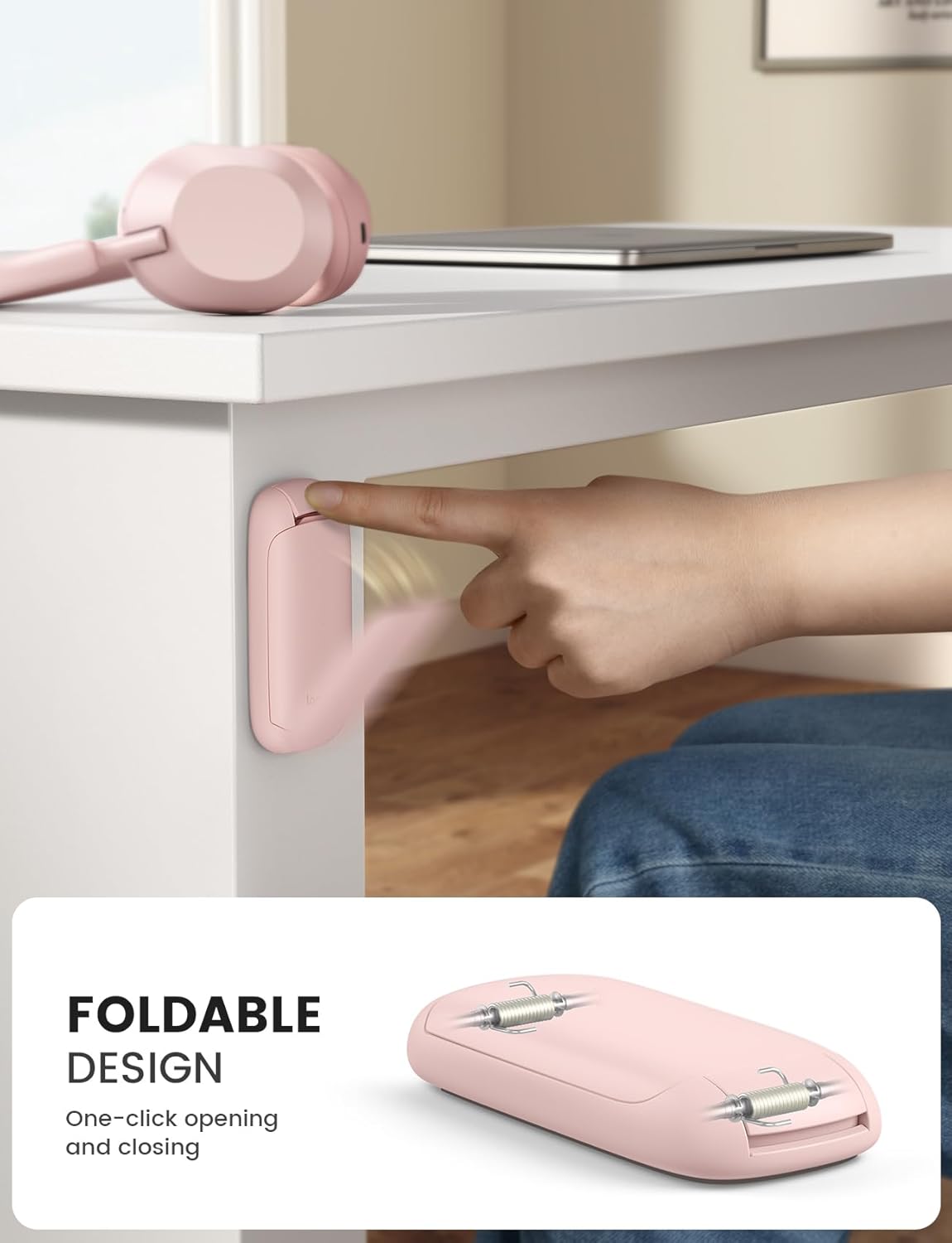 Lamicall Headphone Stand, Sticky Headset Holder - Foldable Headphone Holder Hook Mount, Adhesive Headset Hanger Clip Under Desk, Earphone Clamp for Airpods Max, HyperX, Sennheiser, Pink