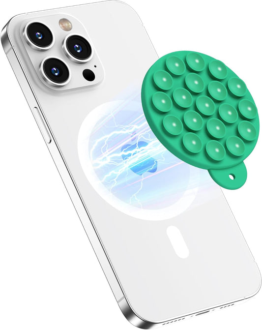 Magnetic Suction Cup Phone Mount for MagSafe Case, Silicone Hands-Free Grip Holder for iPhone and Android, Mirror Shower Phone Stand for Makeup FaceTime Gym Kitchen Bathroom, Emerald Green