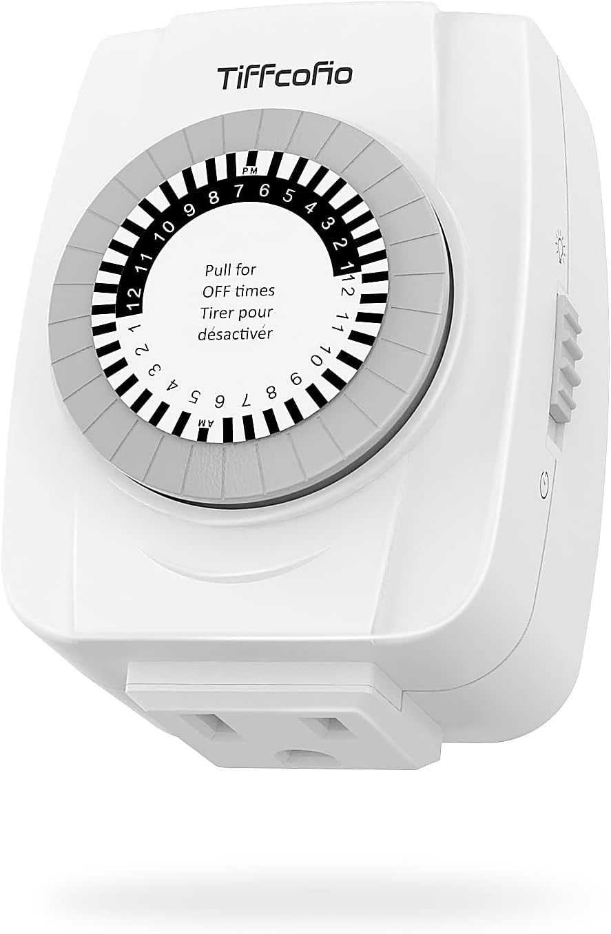 TiFFCOFiO Indoor Mechanical Outlet Timer, 3 Prong Timers for Electrical Outlets, 24-Hour Programmable Plug in Light Timer, ETL Listed (1 Pack)