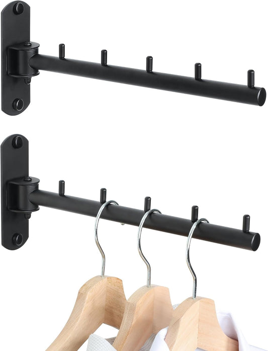 Swing Clothes Hanger Rack,2-Pack Garment Racks Wall Mounted Clothes Bar-Hanger Holder Hooks Heavy Duty Folding Drying Rack Space Saving Clothing Hanging System Closet Storage Organizer,Black
