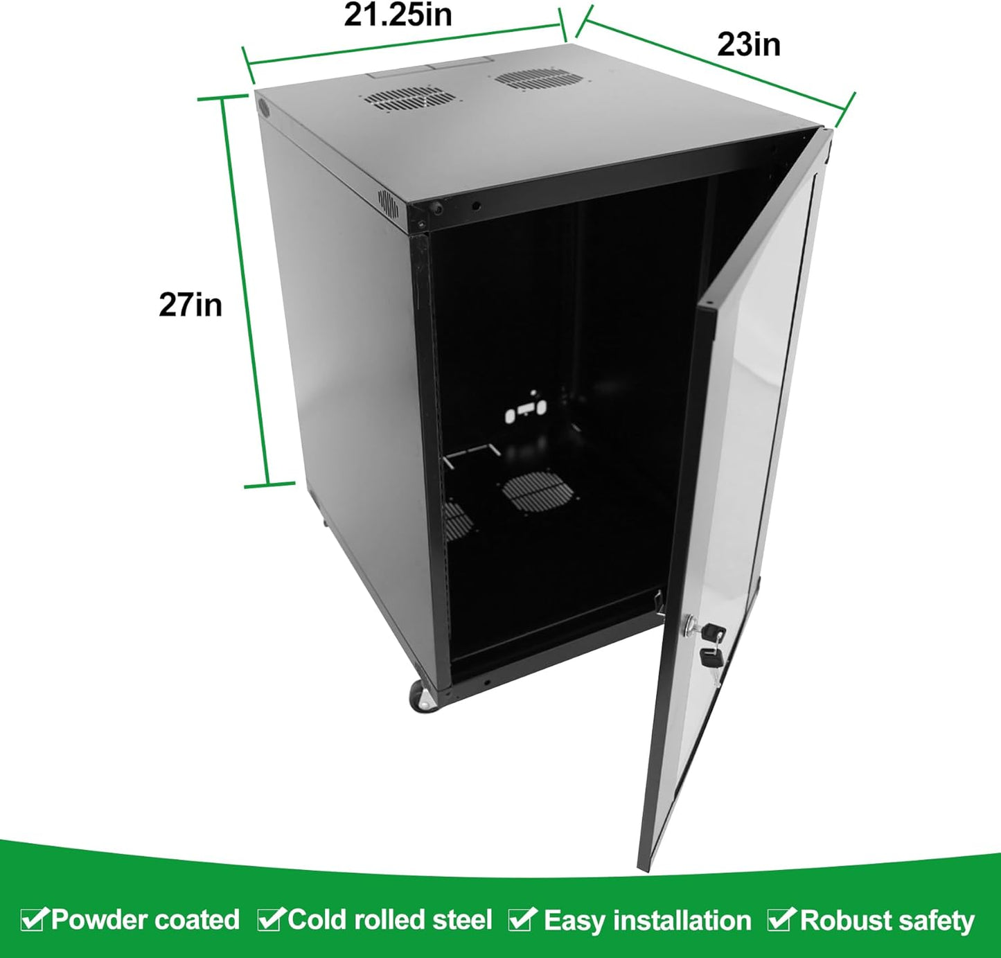 12U Server Cabinet Wall Mount Rack Enclosure with Caster Wheels 2 Server Fans Locking Glass Door Removable Side Panels 19" Network Cabinet 15-18.5" Installation Depth Heavy-Duty Frame (27INCH, 12U)