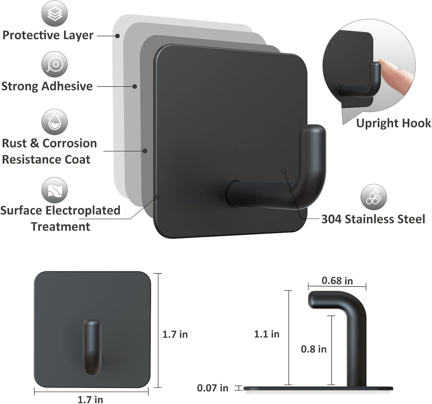 VIS'V Adhesive Hooks, Metal Shower Wall Stick on Hooks, Waterproof, 2 Extra Adhesive Strips, Black, 4 Pcs