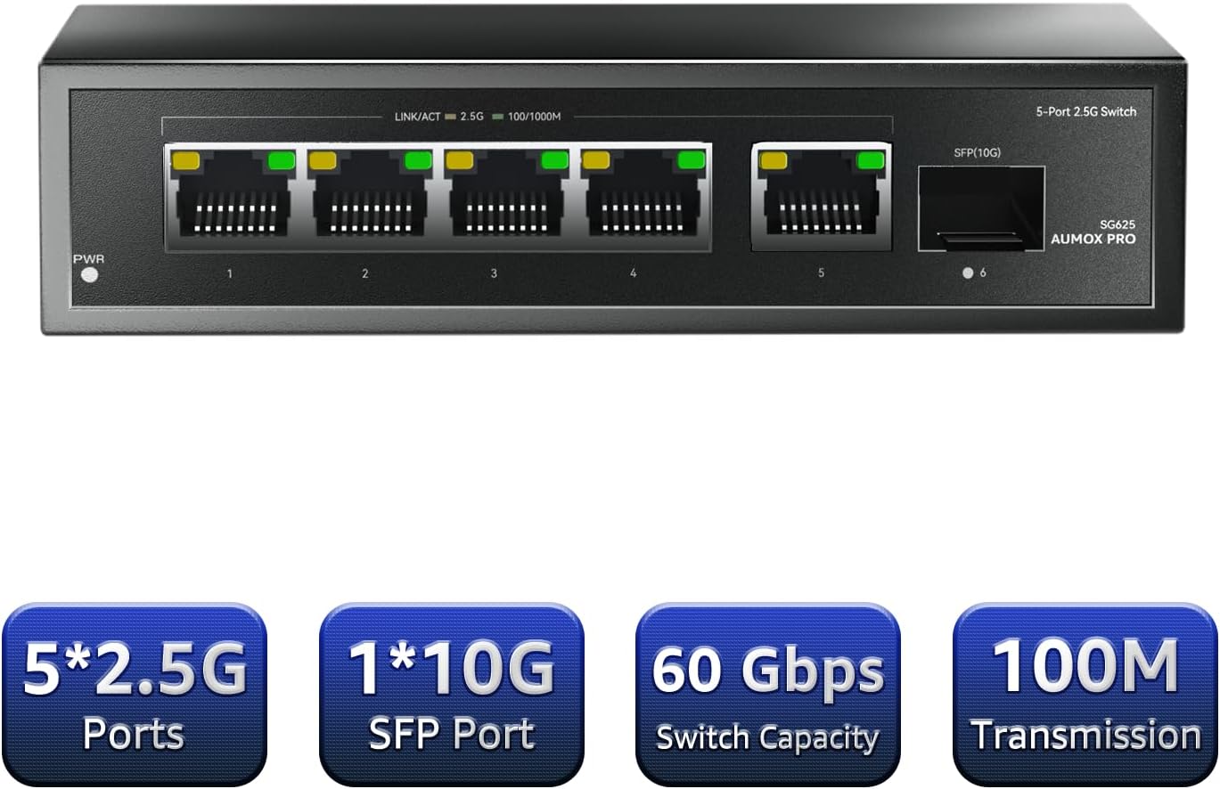 6 Port 2.5Gb Unmanaged Ethernet Switch with 5* 2.5G Base-T Ports, 1*10G SFP Ports, AUMOX PRO 60Gbps Switching Capacity Compatible with 100/1000/2500Mbps Plug and Play