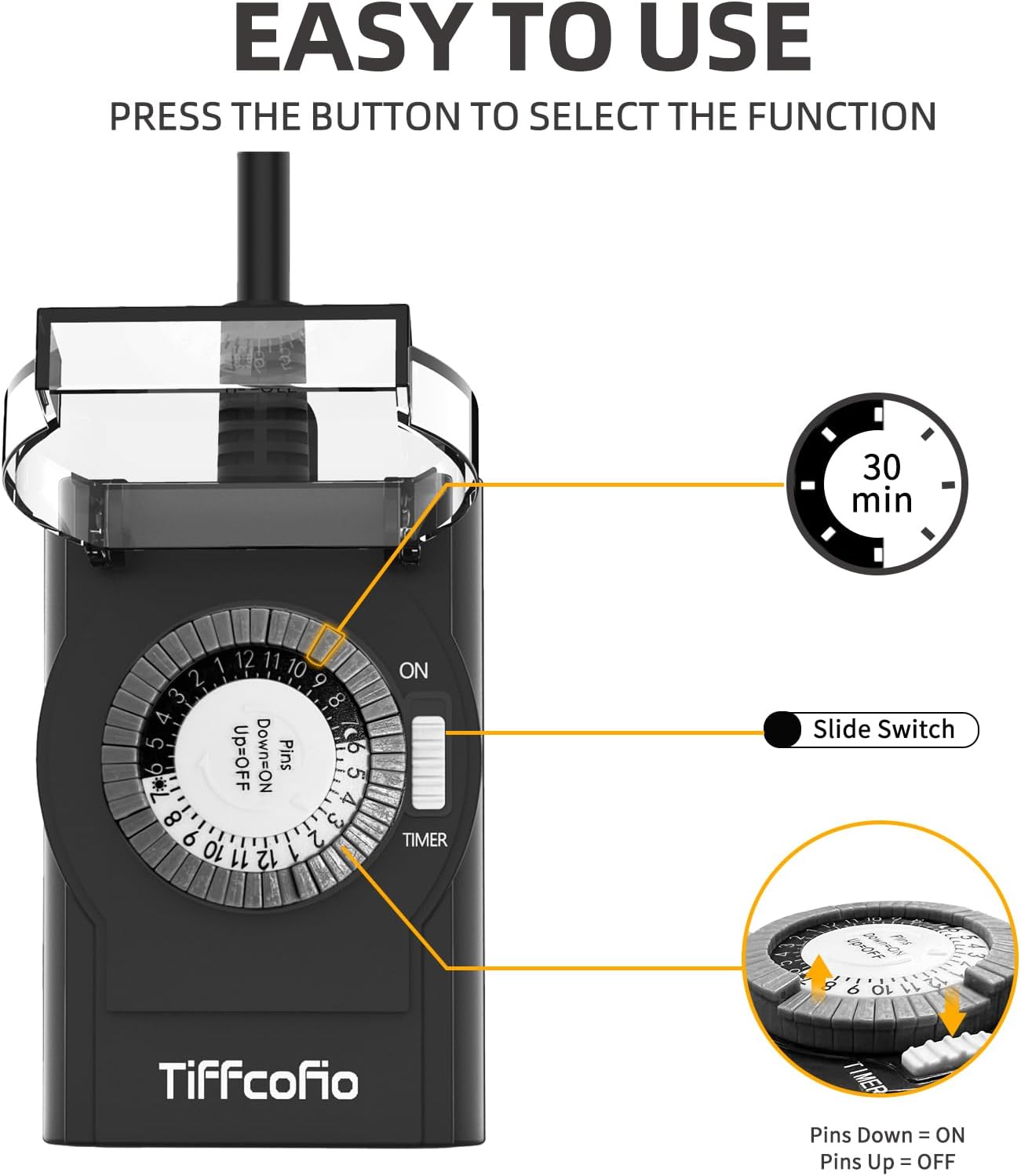 Outdoor Timer Outlet Waterproof, 24 Hour Mechanical Light Timer Outdoor, 2 Grounded Outlets for Home and Garden, 15A 1/2HP, Heavy Duty, ETL Listed (1 Pack)