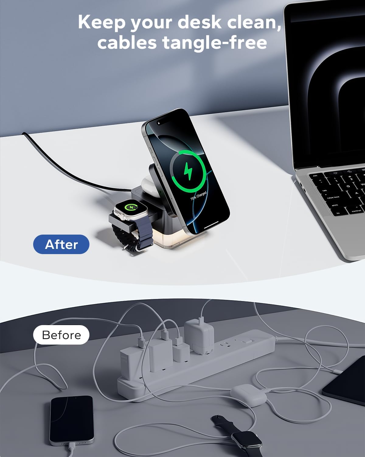 KPON for iPhone Nightstand Charging Station,15W 3 in 1 Wireless Phone Charger Stand with Night Lamp, Travel Foldable Magnetic Cube Magsafe Dock for iPhone 16 15 14 13 12 Series/Apple Watch/Airpods