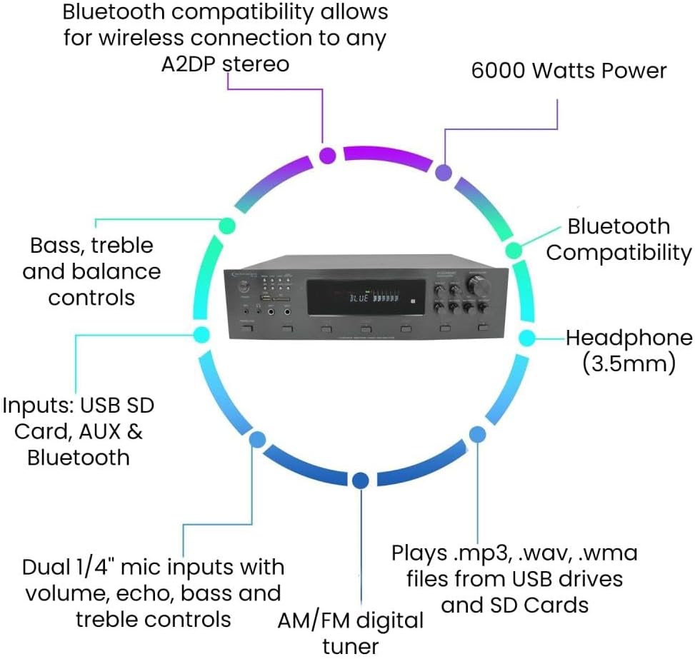 Vaiyer Home Audio System Kit, 6-Channel 6000 Watts Bluetooth Amplifier with 6.5" 10 Qty of 200 W Each in-Wall in-Ceiling Speakers & 16 AWG 500 ft. Speaker Wire - Perfect for Home, Office, Restaurants