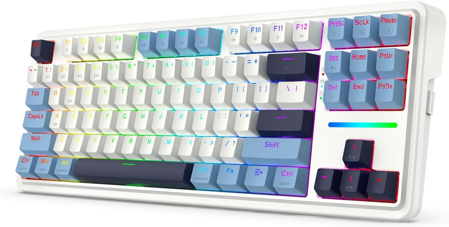 Redragon K728 PRO 80% Wireless Gasket RGB Gaming Keyboard, 3-Mode 87 Keys TKL Mechanical Keyboard w/Hot-Swap Socket, Mixed Color Keycaps & 5-Layer Noise Dampening, Custom Linear Switch