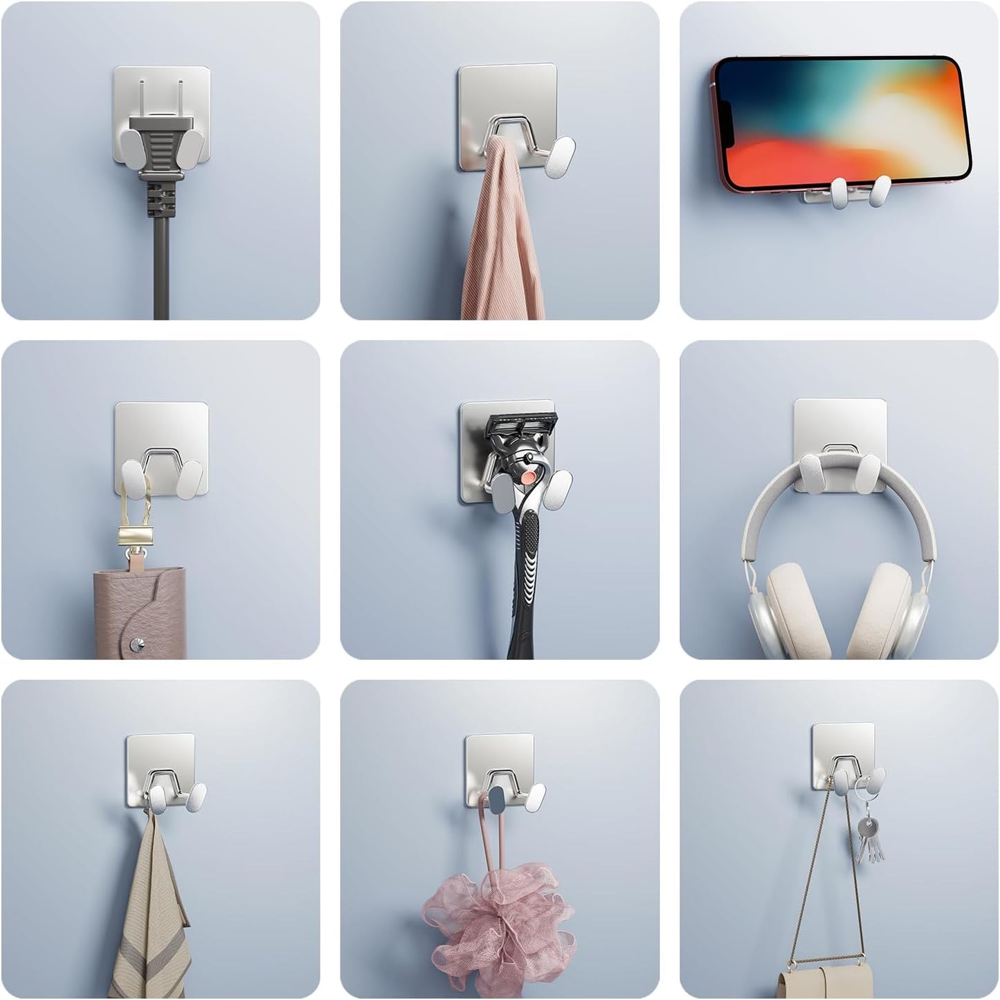 Shower Hooks for Inside Shower - Extra Sticky Stainless, Razor Holder Accessories, Wall Mounted Self-Adhesive Double Hooks for Razor, Loofah, Towel, Shaver, Coat, Key, Silver 6 Pack