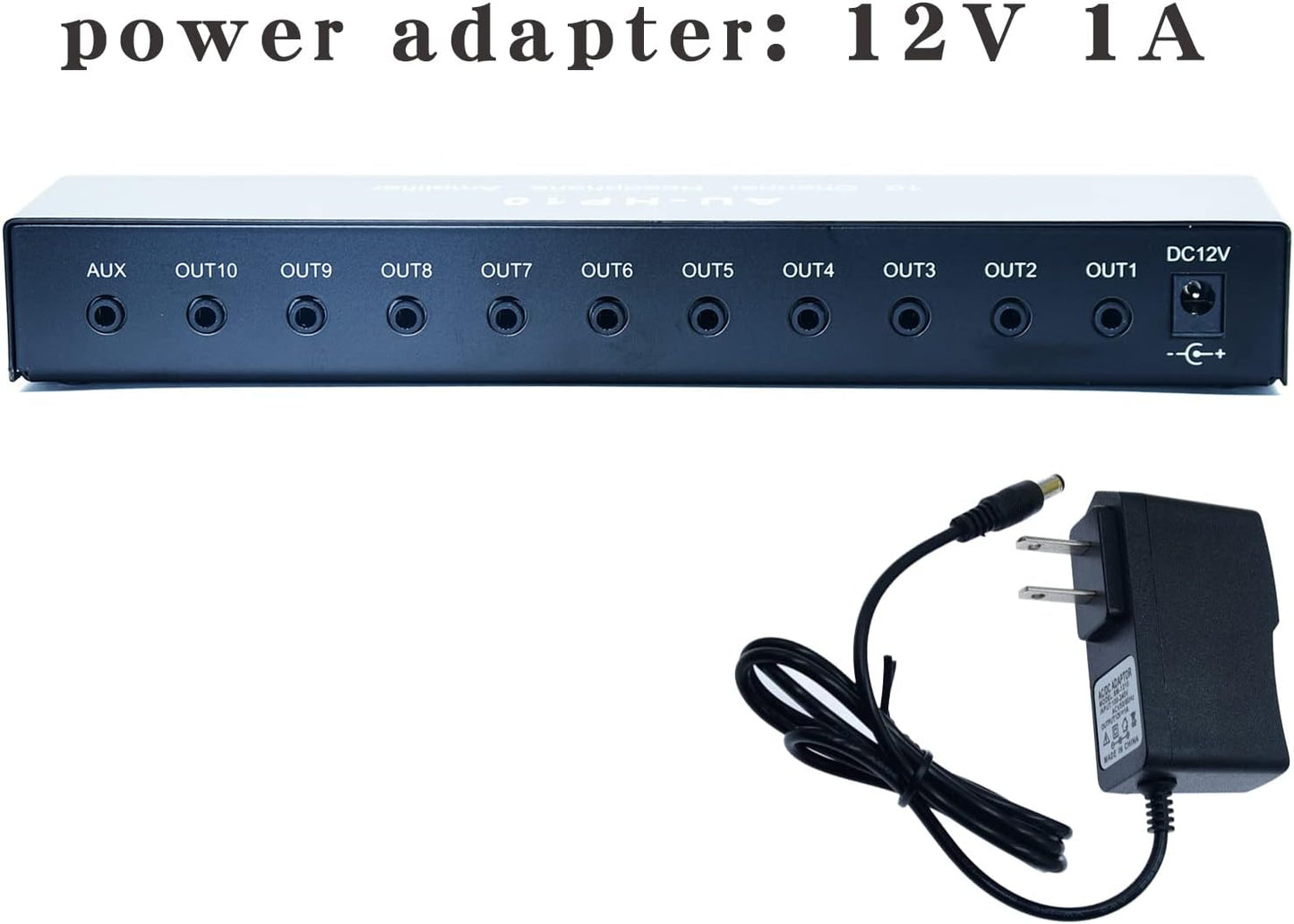 aux Mini Jack TRS 3.5 mm Input 1 in 10 Out Channel Headphone Amplifier Stereo Audio Amp with 12V 1A Power Adapter Distributor Headphone Splitter for Studio and Stage Black