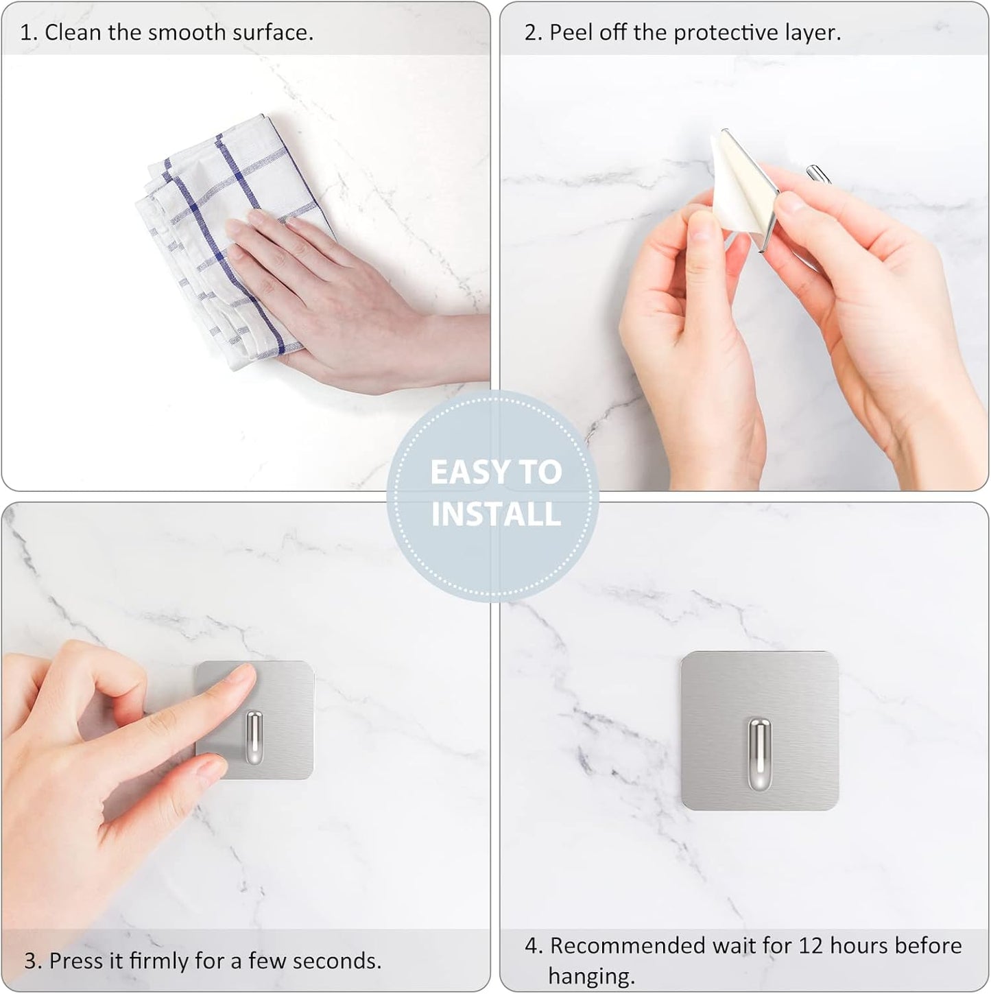 VIS'V Adhesive Hooks, Metal Shower Wall Stick on Hooks, Waterproof, 2 Extra Adhesive Strips, Silver, 4 Pcs