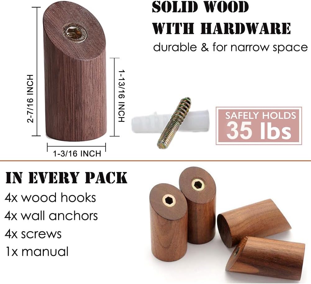 Wood Wall Hooks, 4 Pack Coat Hooks Wall Mounted, Rustic Wooden Heavy Duty Robe Hook Hat Rack, Hooks for Hanging Bathroom Towels Clothes Hanger (Walnut Wood)