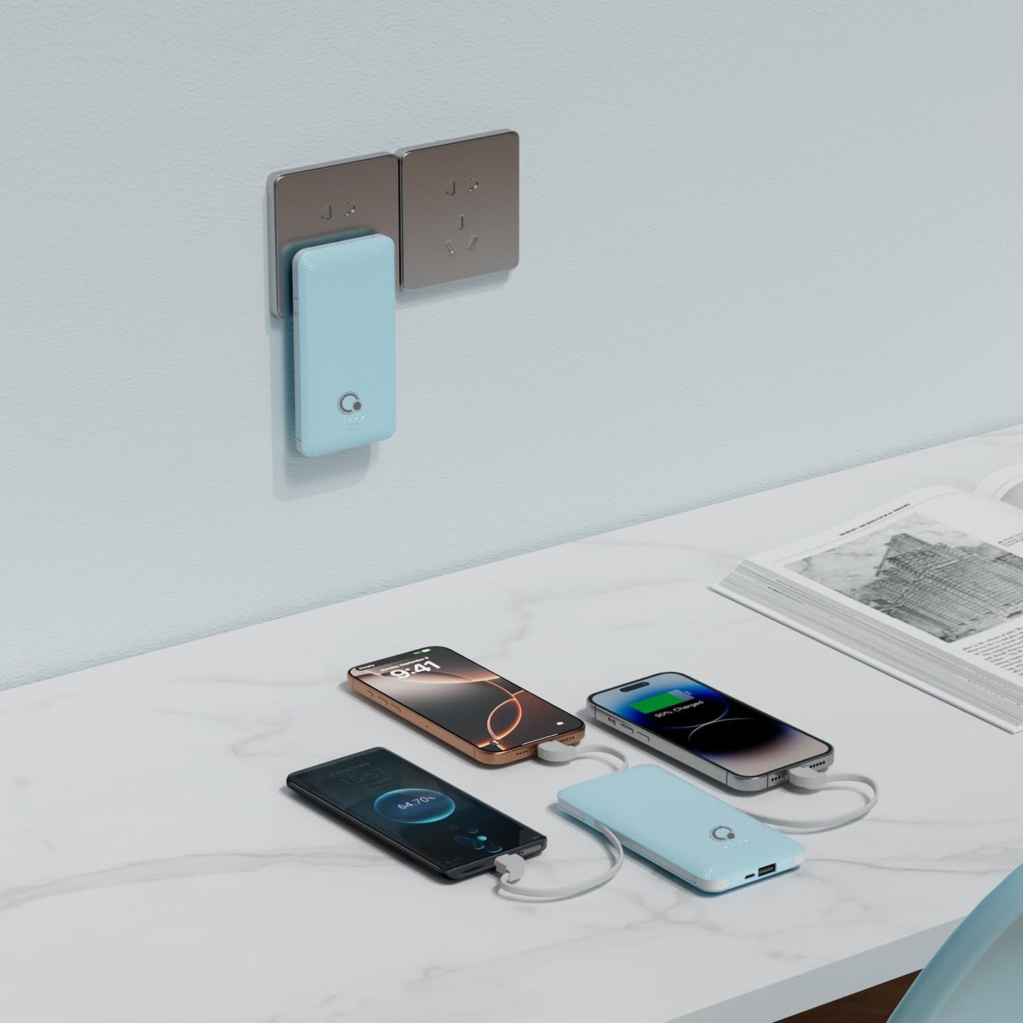 Q 10000mAh Power Bank, Slim Portable Charger,4 Output External Battery Pack with Built-in AC Wall Plug Micro USB C 3 Cables Compatible with iPhone Samsung Android Phone Tablet and More