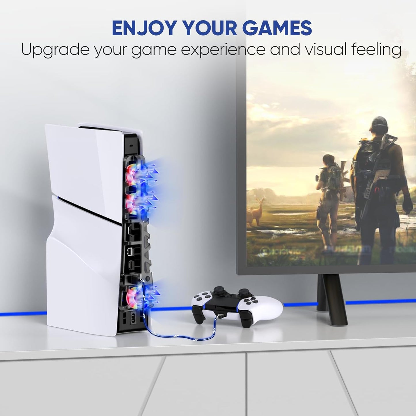 RGB PS5 Slim Light Cooling Fan, Temperature Controlled Fan Speed, Smart Memory Start-Stop Function, USB 3.0 Hub, Efficient Quiet Fan for PS 5 Slim Disc & Digital