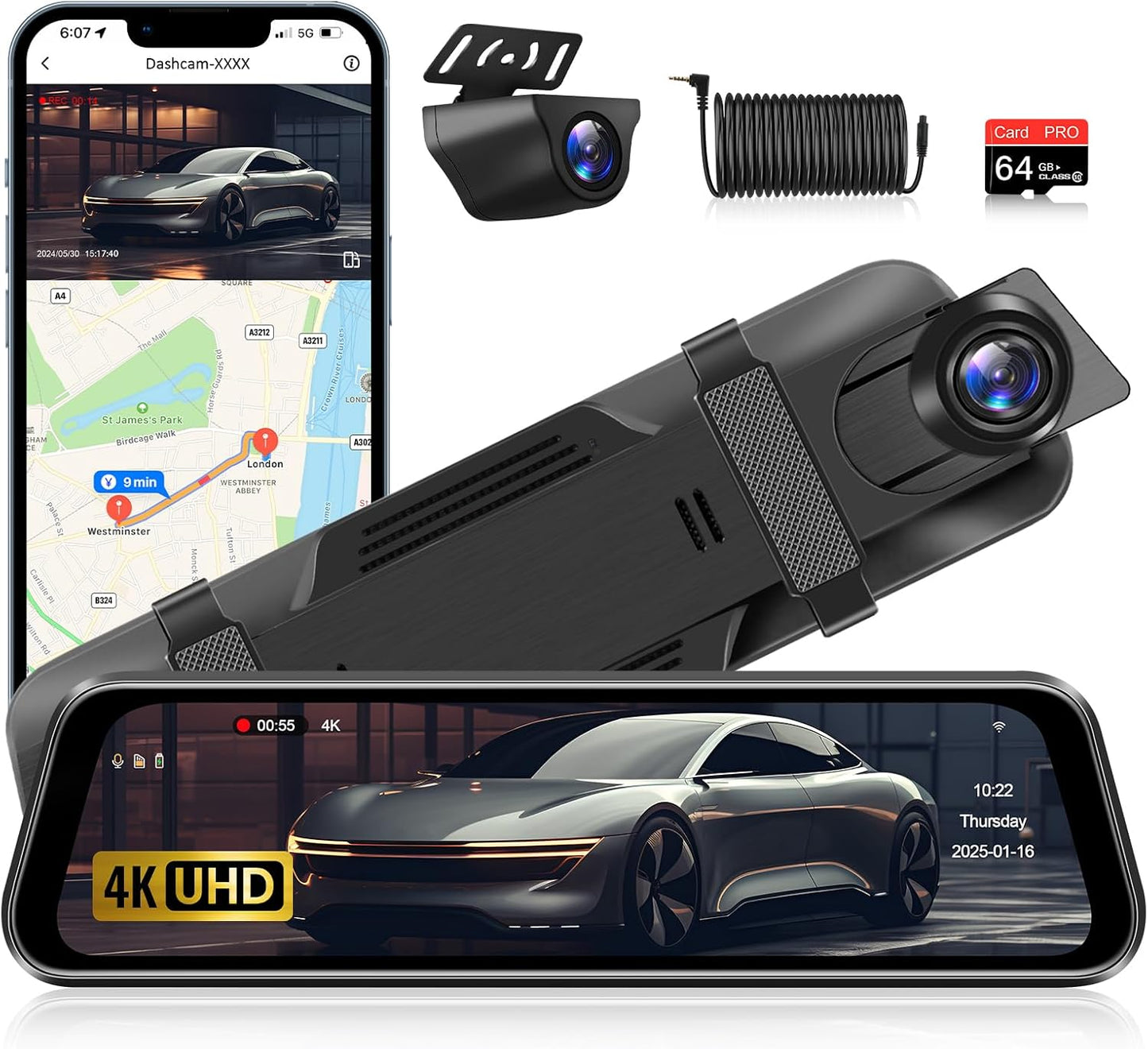 4K WiFi Rear View Mirror Camera 10’’ Mirror Dash Cam Front and Rear w Super Night Vision Dash Cam Mirror w 64G TF Card WiFi App Loop Recording G Sensor Waterproof Reversing Camera