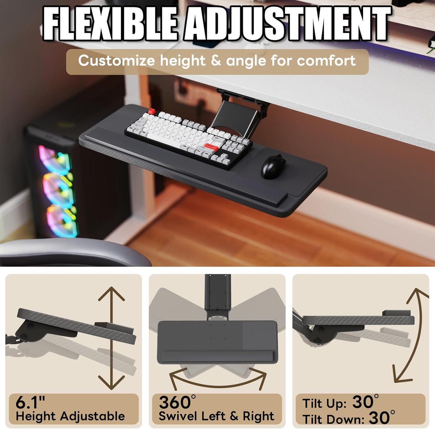 yeshine Under Desk Keyboard Tray Slide Out, Height Adjustable Computer Keyboard & Mouse Platform Tray, 360° Swivel & 30° Tilt Up and Down, Ergonomic Keyboard Tray Under Desk Slide, Black, 25"W x 9.8"D