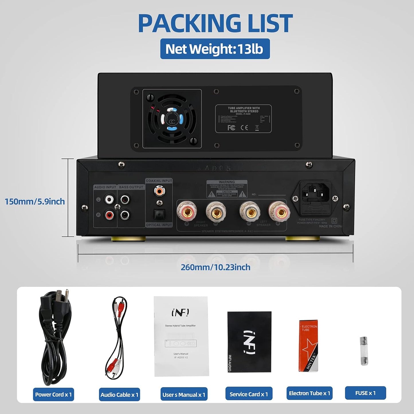 INFI Audio Hybrid Class AB Tube Amplifier 6N3 Power Amp with Bluetooth Home Audio HiFi Stereo Receiver Integrated Amp AUX Bluetooth USB Charger Optical Coaxial Sub-Out