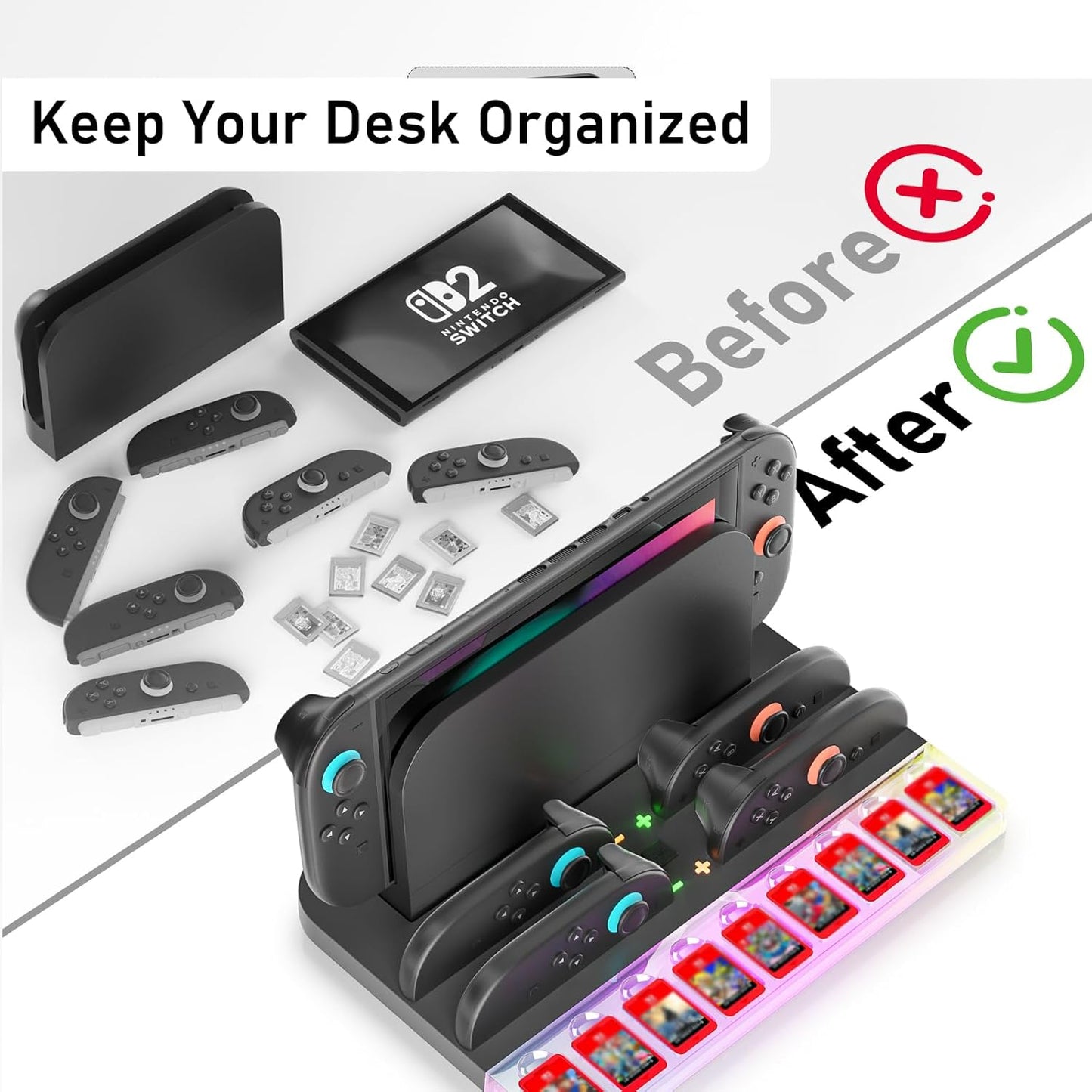 Charger Dock Station for Nintendo Switch 2 Joycon, Switch 2 Charging Dock with RGB Light Mode, Portable Charging Station with 9 Game Slots