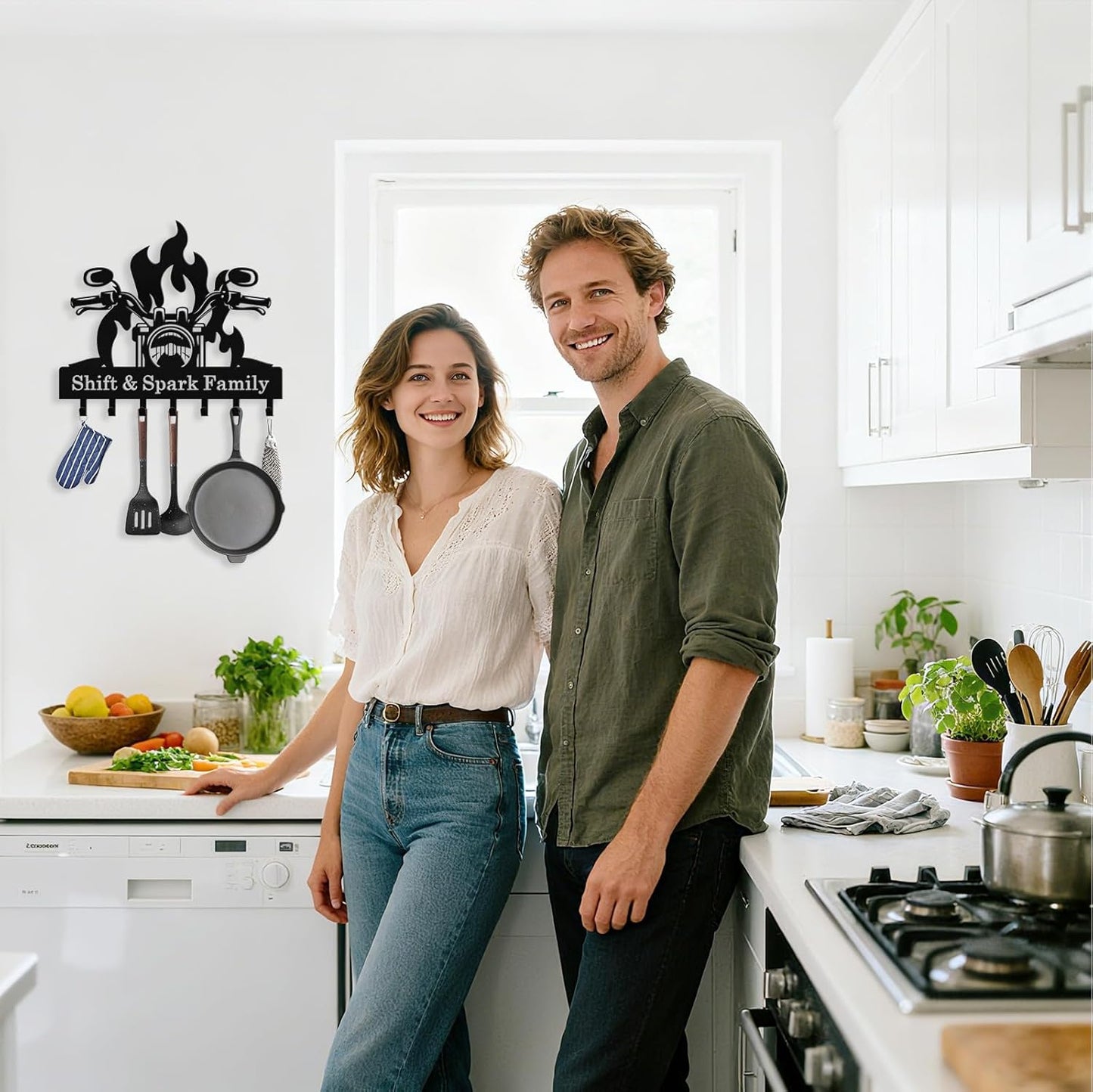 Personalized Flaming Motoclycle Key Holder Wall Mount, Custom Metal Key Rack Key Holder with name, Deer Cabin Wall Keys Hanger with Hooks for Entryway, Front Door, Hallway, Kitchen, Living Room