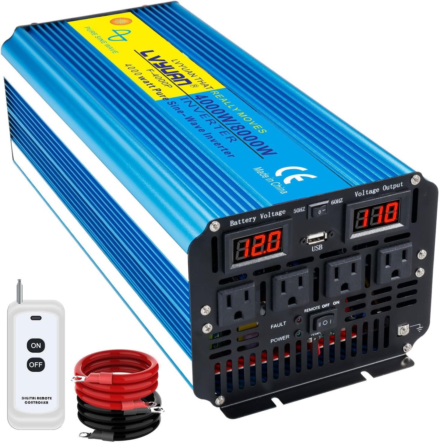 Yinleader 4000W Pure Sine Wave Power Inverter 12V DC to AC 110V-120V Converter for Family Vehicle RV Truck Solar System/Road Trip/Camp/Emergency w/4 AC Charger Outlets LED Display Remote Controller