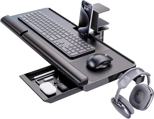 Klearlook Keyboard Tray Under Desk with 360° Rotation, Ergonomic Computer Keyboard & Mouse Tray 25"W×11.02"D Sit Stand Desk Keyboard Holder w/Wrist Rest & Storage Drawer (Height is not Adjustable)