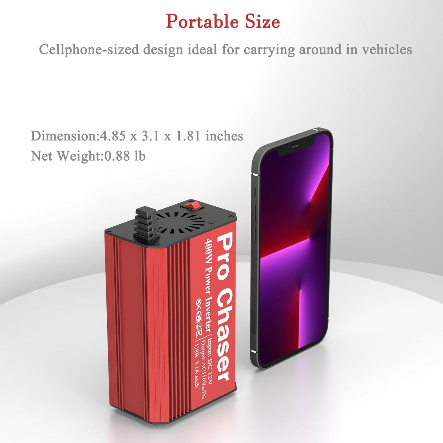 Pro Chaser 400W Car Power Inverter 12V DC to 110V AC Car Truck RV Inverter 6.2A Dual USB Charging Ports for Road Trips (Type C Adaptors Included) (Red)