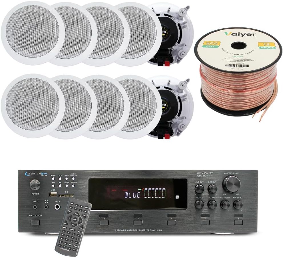 Vaiyer Home Audio System Kit, 6-Channel 6000 Watts Bluetooth Amplifier with 6.5" 10 Qty of 200 W Each in-Wall in-Ceiling Speakers & 16 AWG 500 ft. Speaker Wire - Perfect for Home, Office, Restaurants
