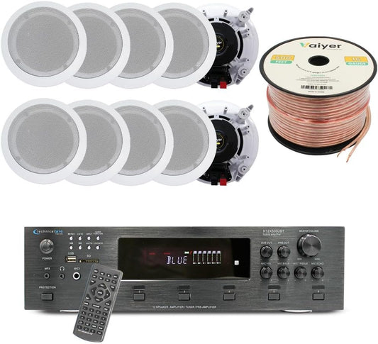 Vaiyer Home Audio System Kit, 6-Channel 6000 Watts Bluetooth Amplifier with 6.5" 10 Qty of 200 W Each in-Wall in-Ceiling Speakers & 16 AWG 500 ft. Speaker Wire - Perfect for Home, Office, Restaurants