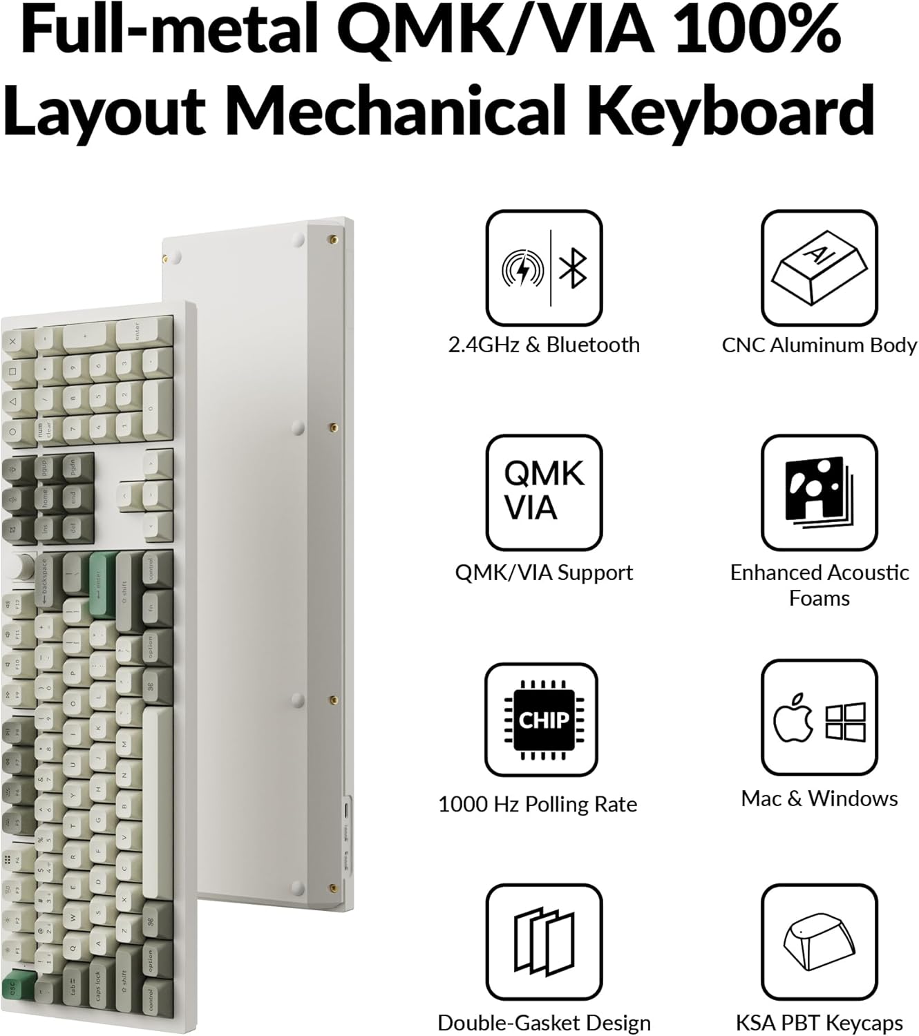 Keychron Q6 Max QMK/VIA Bluetooth Wireless /2.4 GHz/USB-C Wired Custom Mechanical Keyboard, Full Size Programmable Knob RGB Backlit Hot-Swappable Gateron Banana Switch for Mac Windows Linux - White