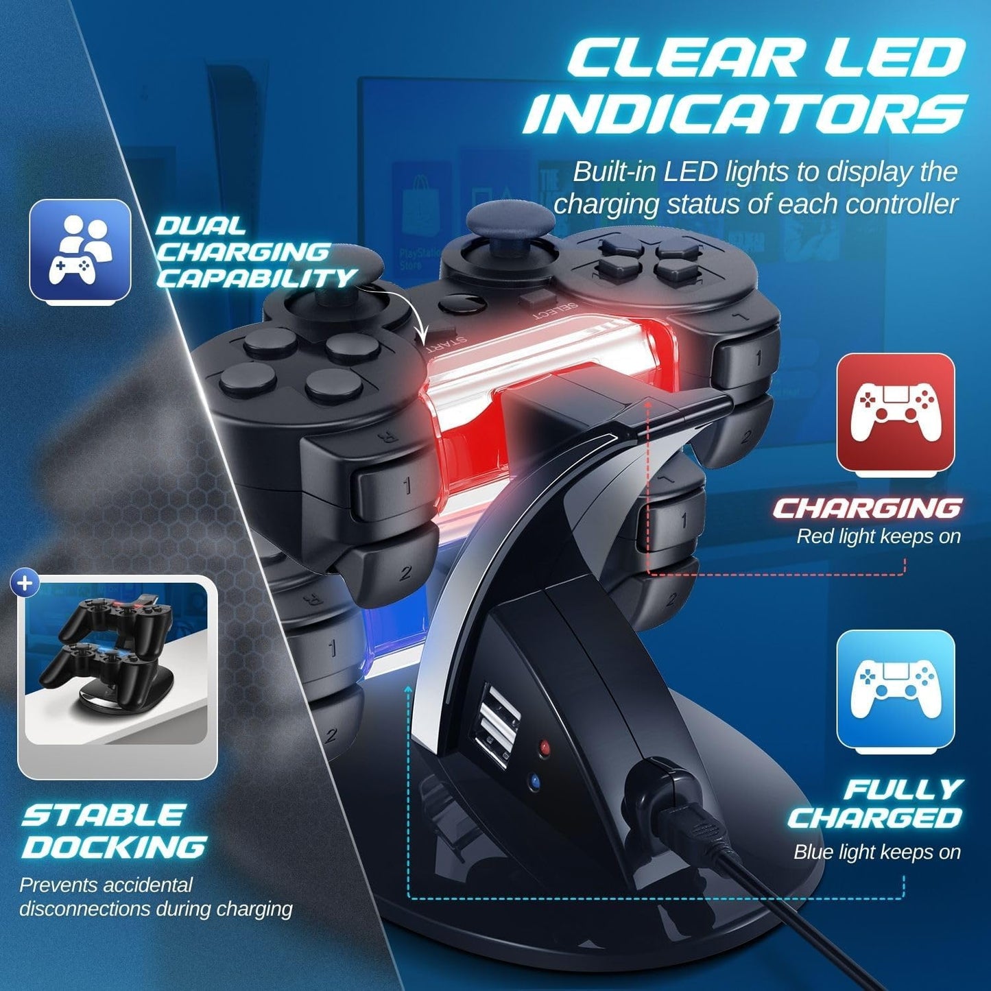 TNP Compatible with PS3 Controller Charger Stand for Sony Playstation 3 Controller compatible with Dualshock 3 Charging, 2 Tier Docking Station Stand and 2 USB PS3 Cable ports with LED Indicators