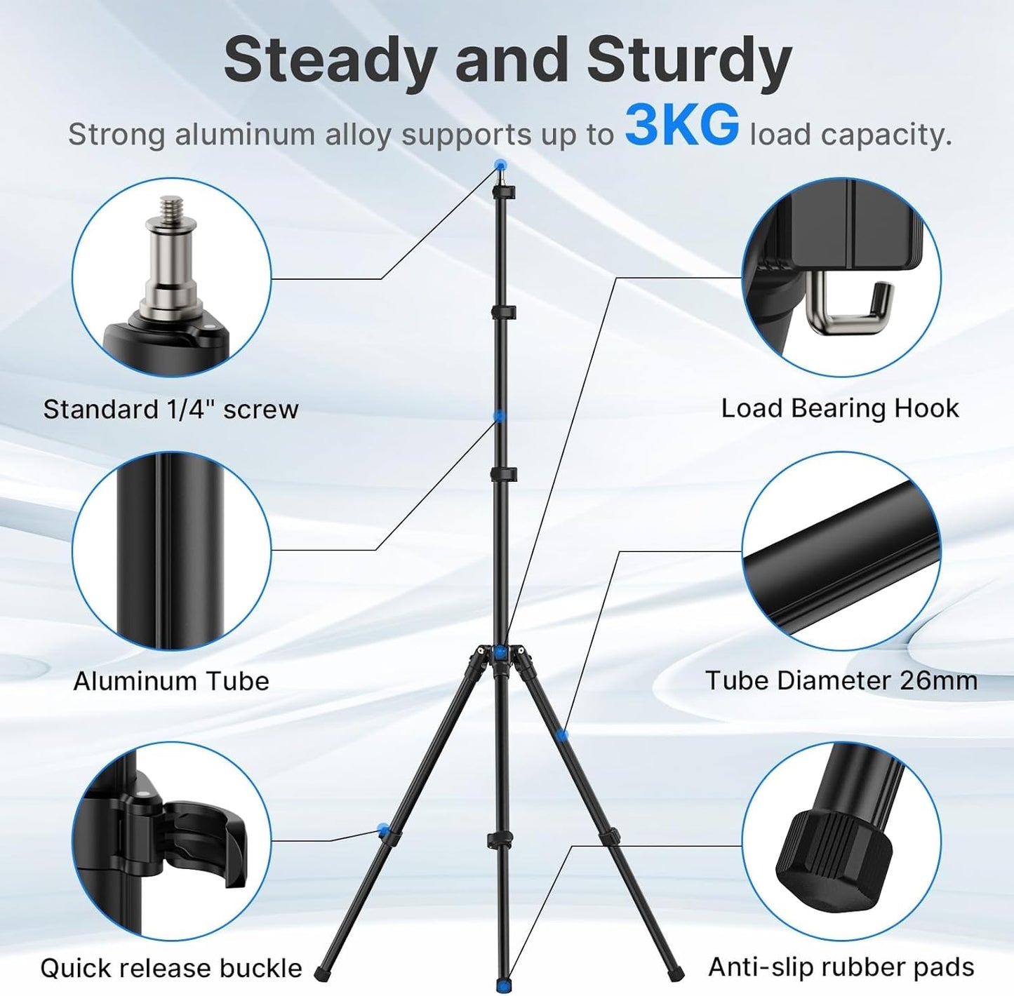 ULANZI Black Aluminum Light Stand, 6.32ft Extendable Tripod for Strobe Lights, Webcams, Cameras & Softboxes