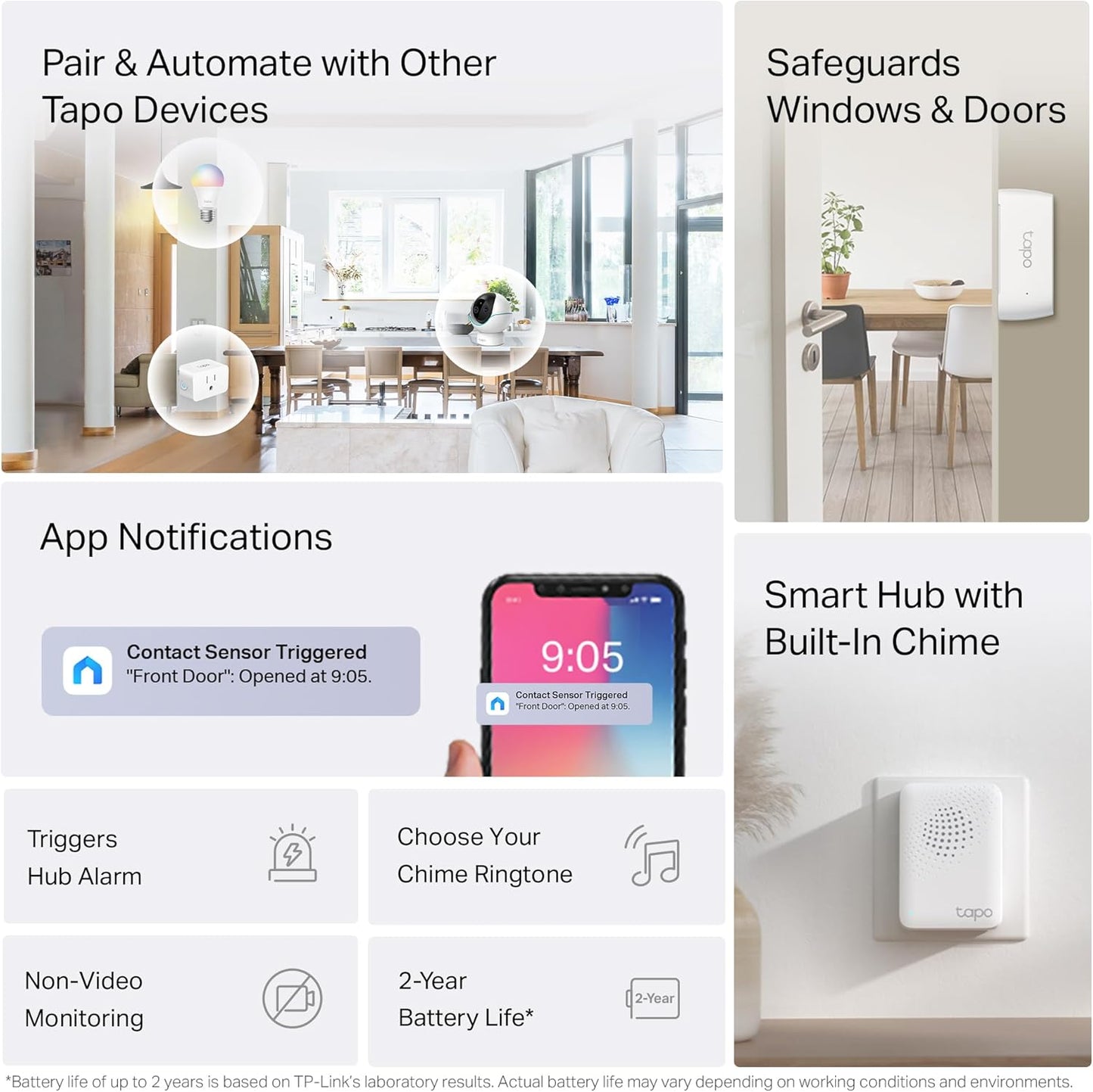 Tapo Door Sensor Starter KIT, Matter Compatible, 3X Smart Door Window Contact Sensor and 1x Smart Hub with Built-in Chime, Smart Automation, Real-Time Notification, T31 KIT