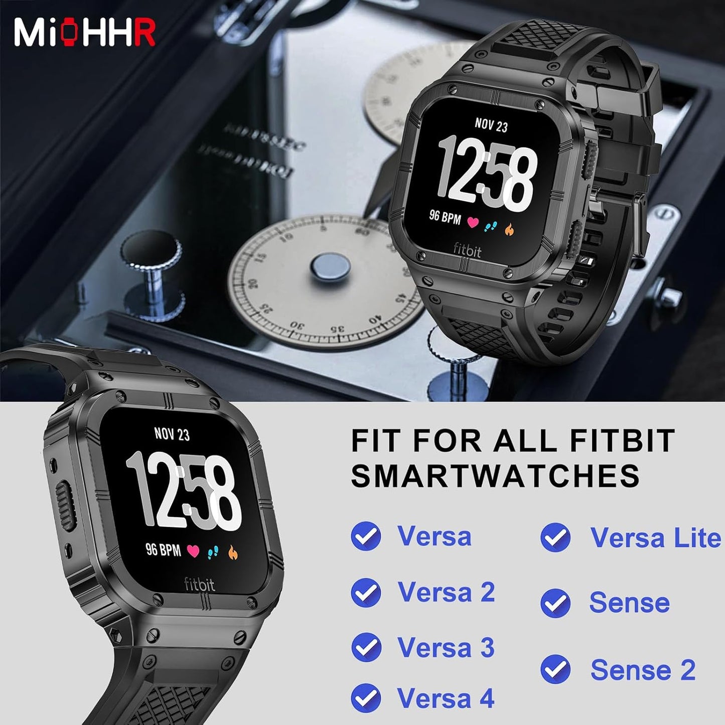 MioHHR Stainless Steel Case and Band Compatible with Fitbit Versa 4/3/2/Lite/Sense/Sense 2 Bands with Metal Case, Rugged Sports Protector Cover Silicone Wristbands for Men, Grey