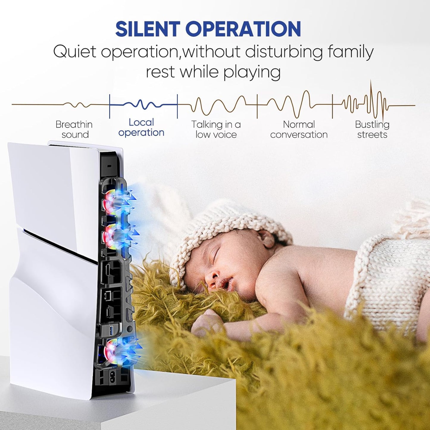 RGB PS5 Slim Light Cooling Fan, Temperature Controlled Fan Speed, Smart Memory Start-Stop Function, USB 3.0 Hub, Efficient Quiet Fan for PS 5 Slim Disc & Digital