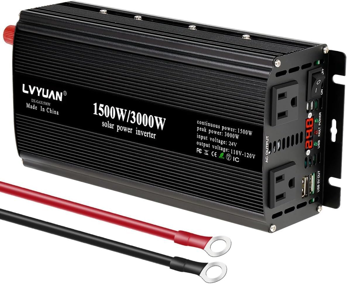 LVYUAN 1500W Power Inverter 24V to 110V DC to AC with 2 US Sockets, LED Display, USB Ports for Home, Truck, Outdoor, Camping