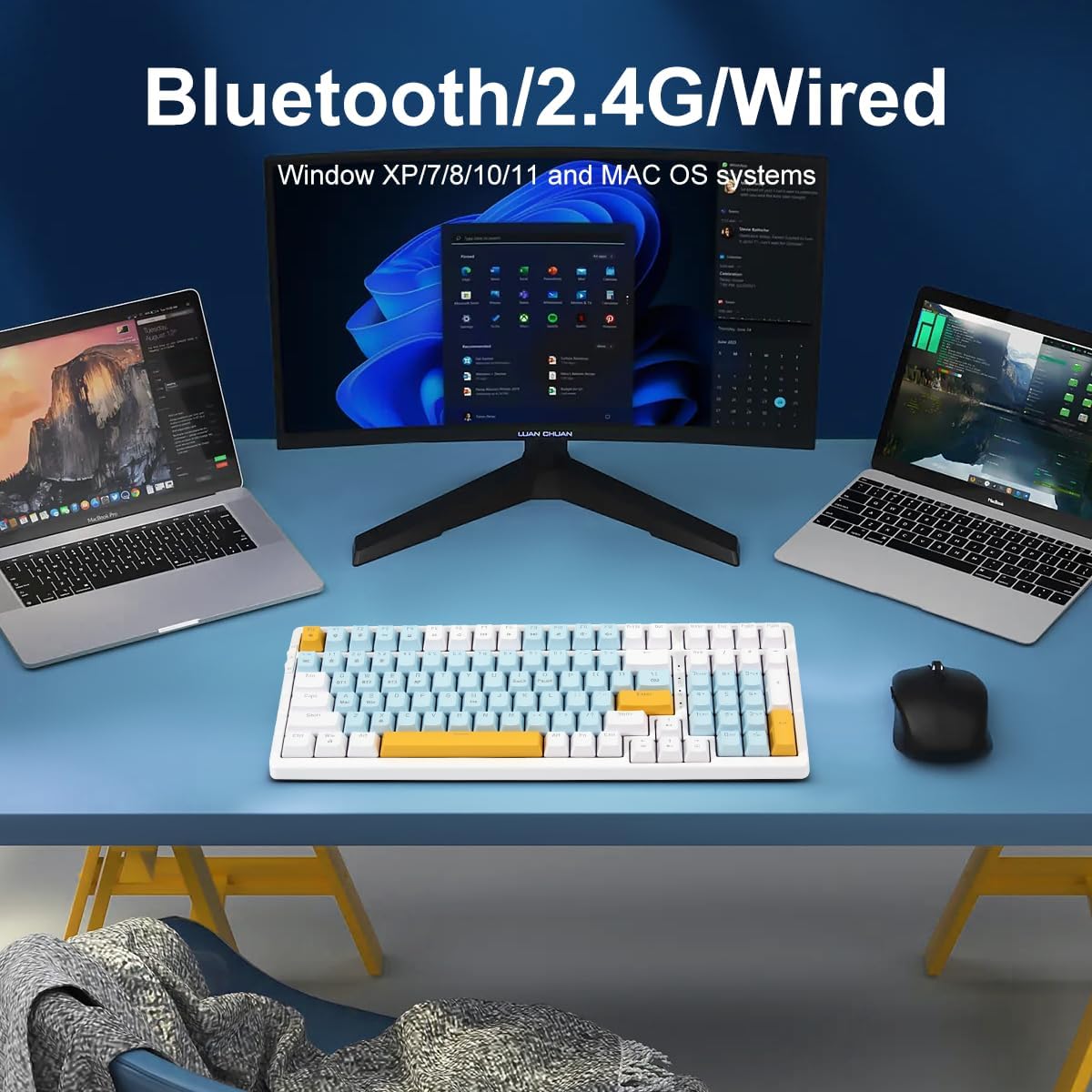 Wireless Mechanical Keyboard, Triple Mode 2.4G/USB-C/BT Gaming Keyboards 100 Keys Ice-Blue Backlit, Red Switch Keyboard | Rechargeable Mechanical Gaming Keyboards | Ice Blue/W/Y