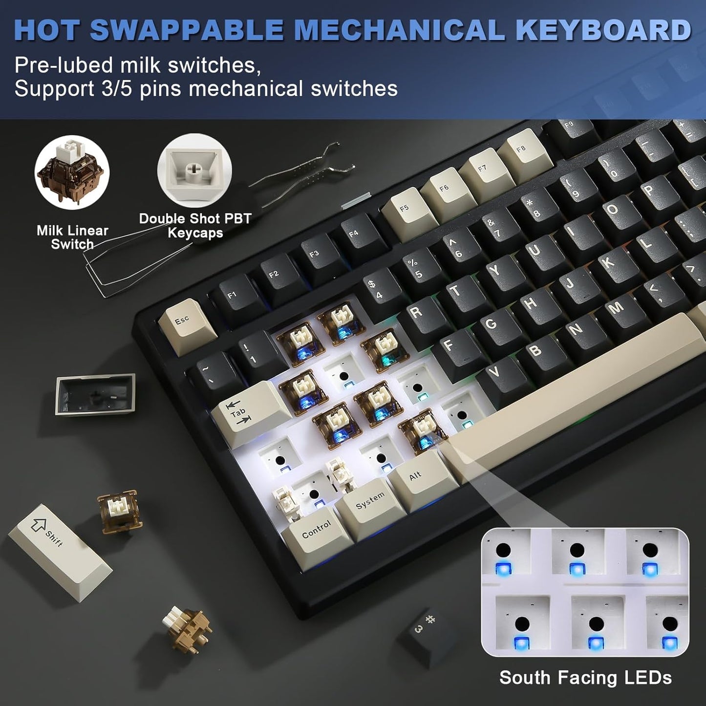 YUNZII YZ98 Gasket Mechanical Keyboard,99 Key Hot Swappable BT5.0/2.4G/USB-C Wireless NKRO 98% 1800 Layout with RGB LED Backlit for Linux/Win/Mac(Black, Cocoa Cream V2 Switch)