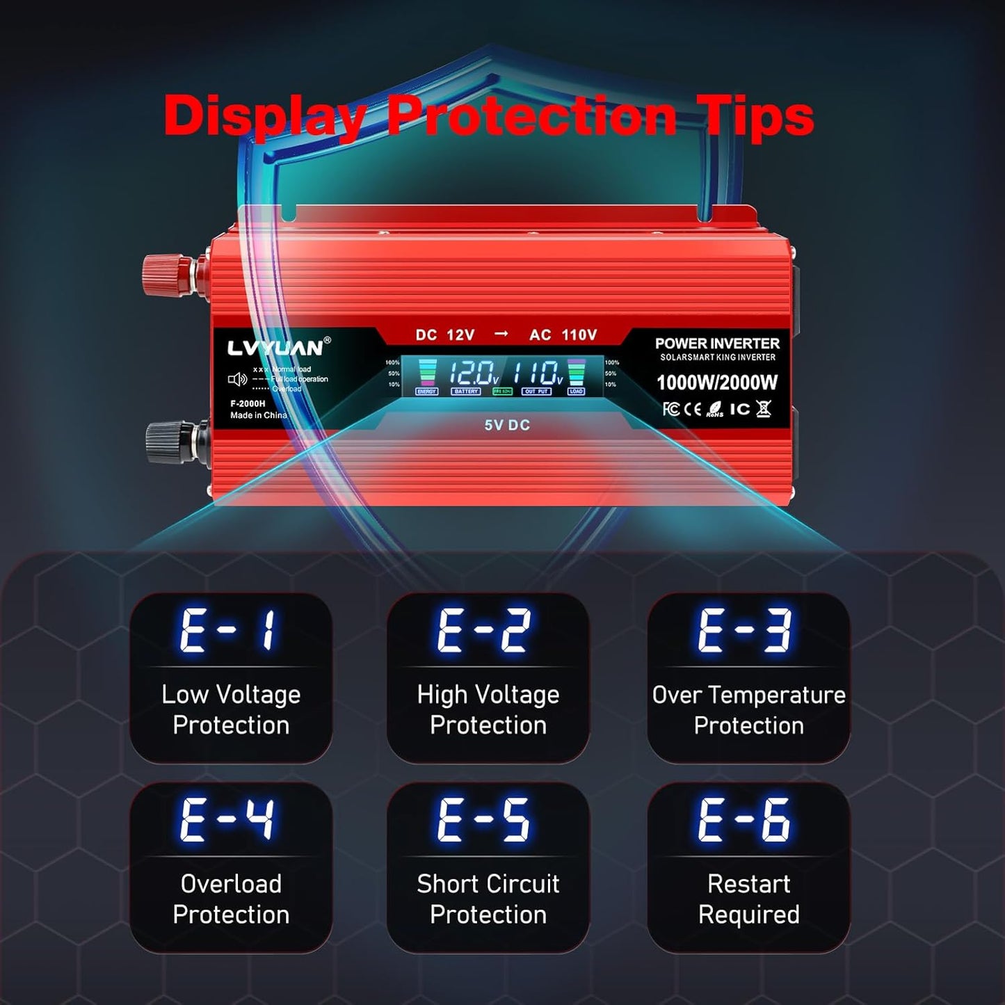 LVYUAN 1000W Car Power Inverter 12V to 110V / 120V DC to AC with 2 US Sockets, Cigarette Lighter, LCD Display, USB Ports for Car, Home, Outdoor, Camping