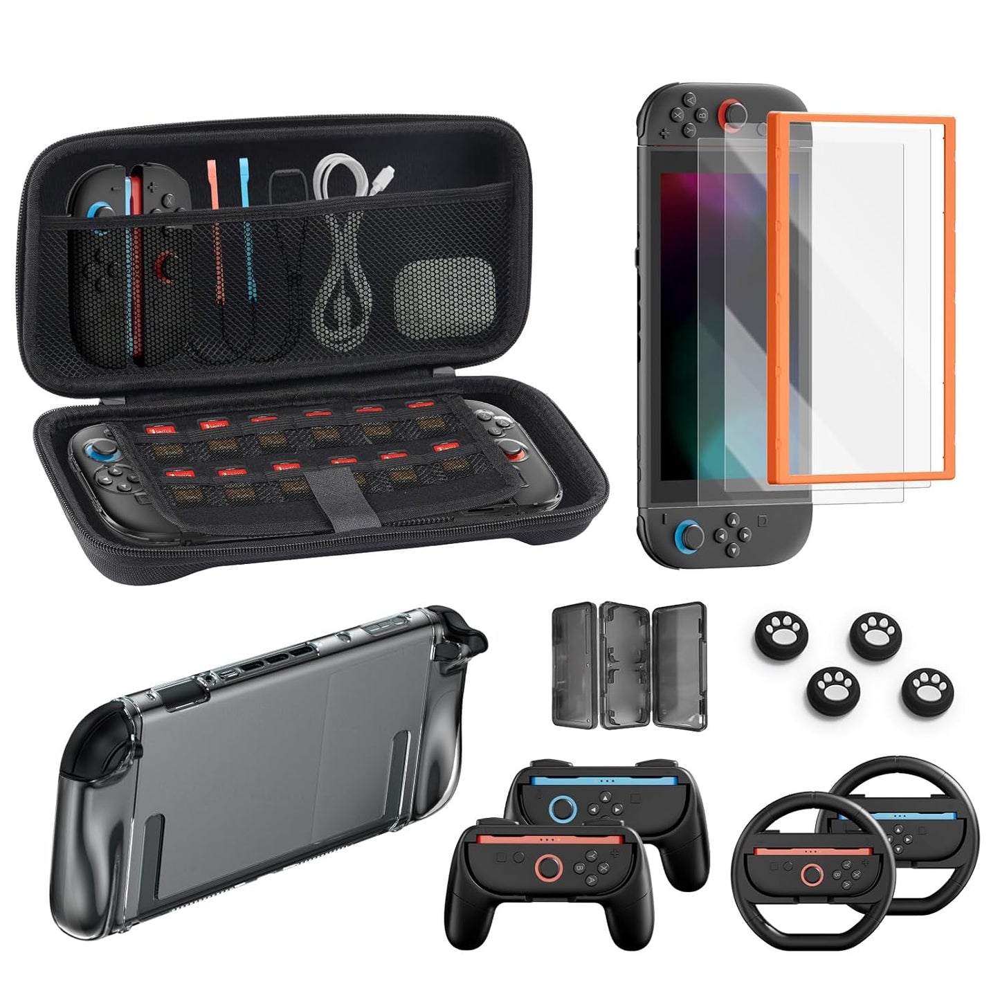 Switch 2 Accessories Bundle for Nintendo, 16-in-1 Game Kit: Carrying Case, Screen Protectors with Alignment Frame, Steering Wheels, Grips for Joycon Controller, Dockable Console Protective Cover Shell