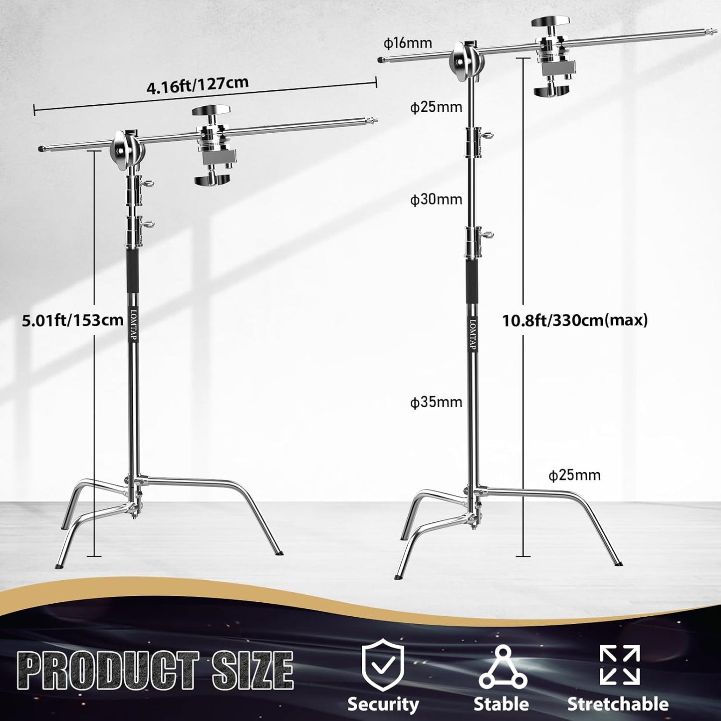 LOMTAP C Stand Light Stand Stainless Metal Photography Kit - Heavy Duty 10.8ft/330cm Vertical Pole, 4.2ft/128cm Boom Arm, Adjustable Base, Water Sandbag, 2 Grip Heads, 3 Clips for Softbox, Reflector