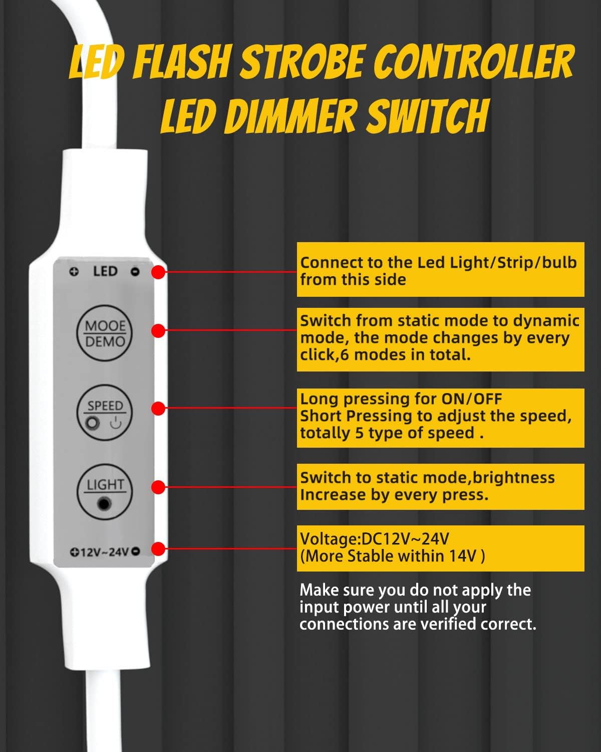 YM E-Bright Led Dimmer Switch Inline Mini Flash Strobe Blink Module Controller Dimmable For Single Color Led Strip Lights Compatible With DC 5-12V,Power-off Memory Function (Pack of 4)