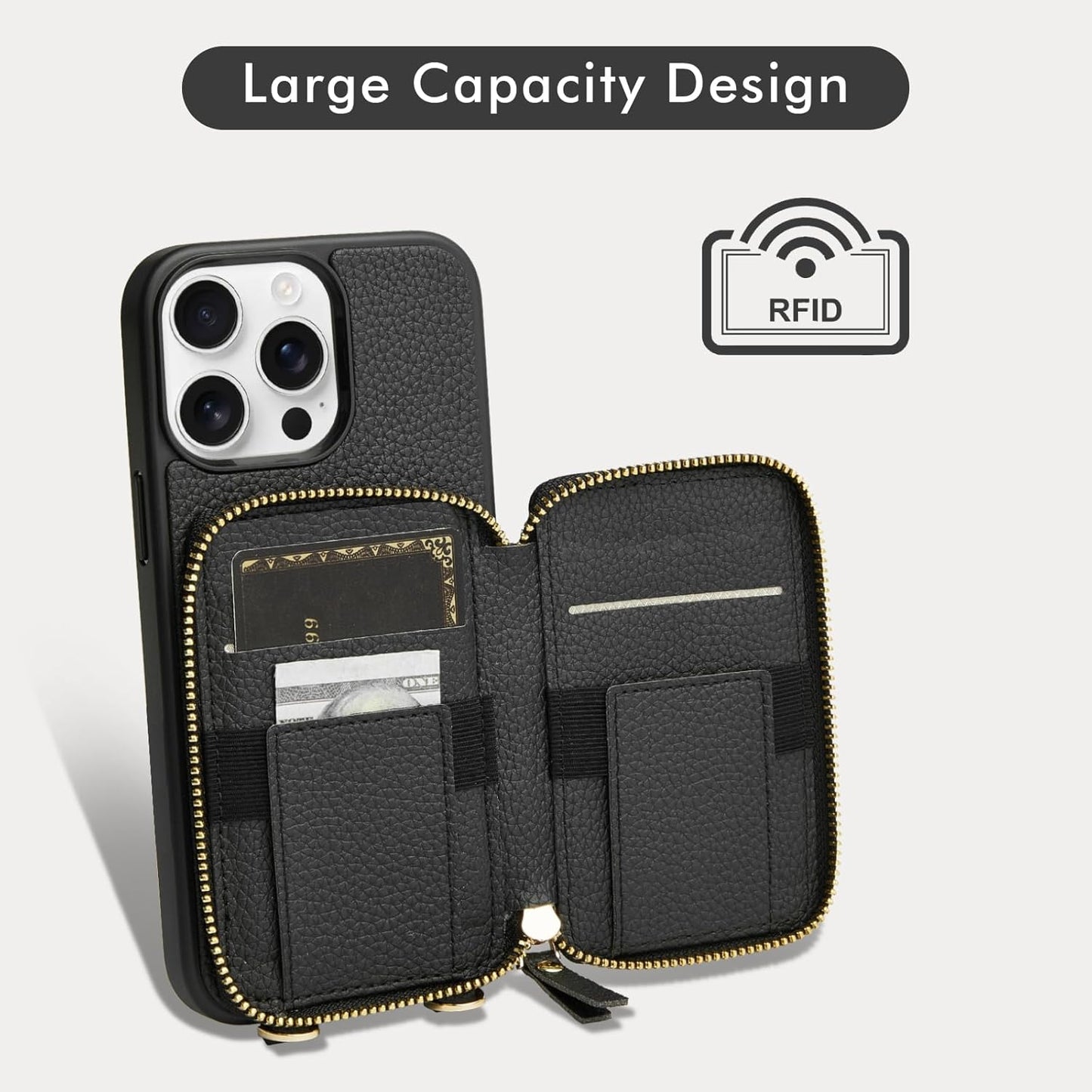 LAMEEKU for iPhone 15 Pro Wallet Case with Card Holder, Zipper Leather Crossbody Case with Kickstand Wrist Strap Lanyard for Women, Protective Cover with Phone Grip Holder Stand 5G 6.1 inch Black