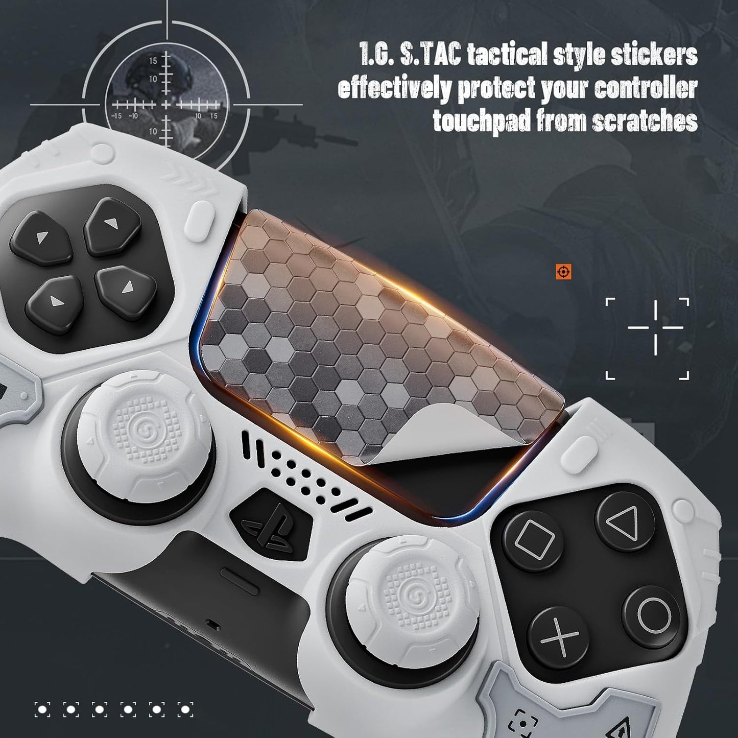 Geekshare G.S.TAC Tactical Compatible with PS5 Controller Skin Set, Tactical Silicone Cover for PS5 Wireless Controller with 2 Thumb Grips & 2 Stickers for Monster Hunter Wilds - White