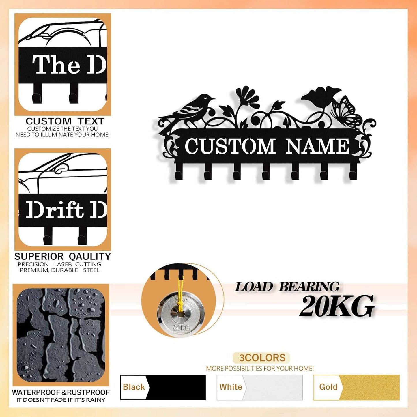 Personalized Bird Key Holder Wall Mount, Custom Metal Key Rack Key Holder with Name, Deer Cabin Wall Keys Hanger with Hooks for Entryway, Front Door, Hallway, Kitchen, Living Room