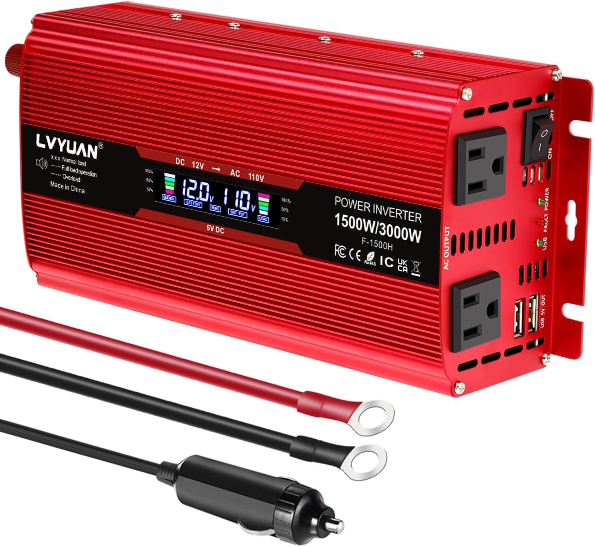 LVYUAN 1500W Car Power Inverter 12V to 110V DC to AC with 2 US Sockets, Cigarette Lighter, LCD Display, USB Ports for Car, Home, Truck, Outdoor, Camping