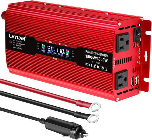 LVYUAN 1500W Car Power Inverter 12V to 110V DC to AC with 2 US Sockets, Cigarette Lighter, LCD Display, USB Ports for Car, Home, Truck, Outdoor, Camping
