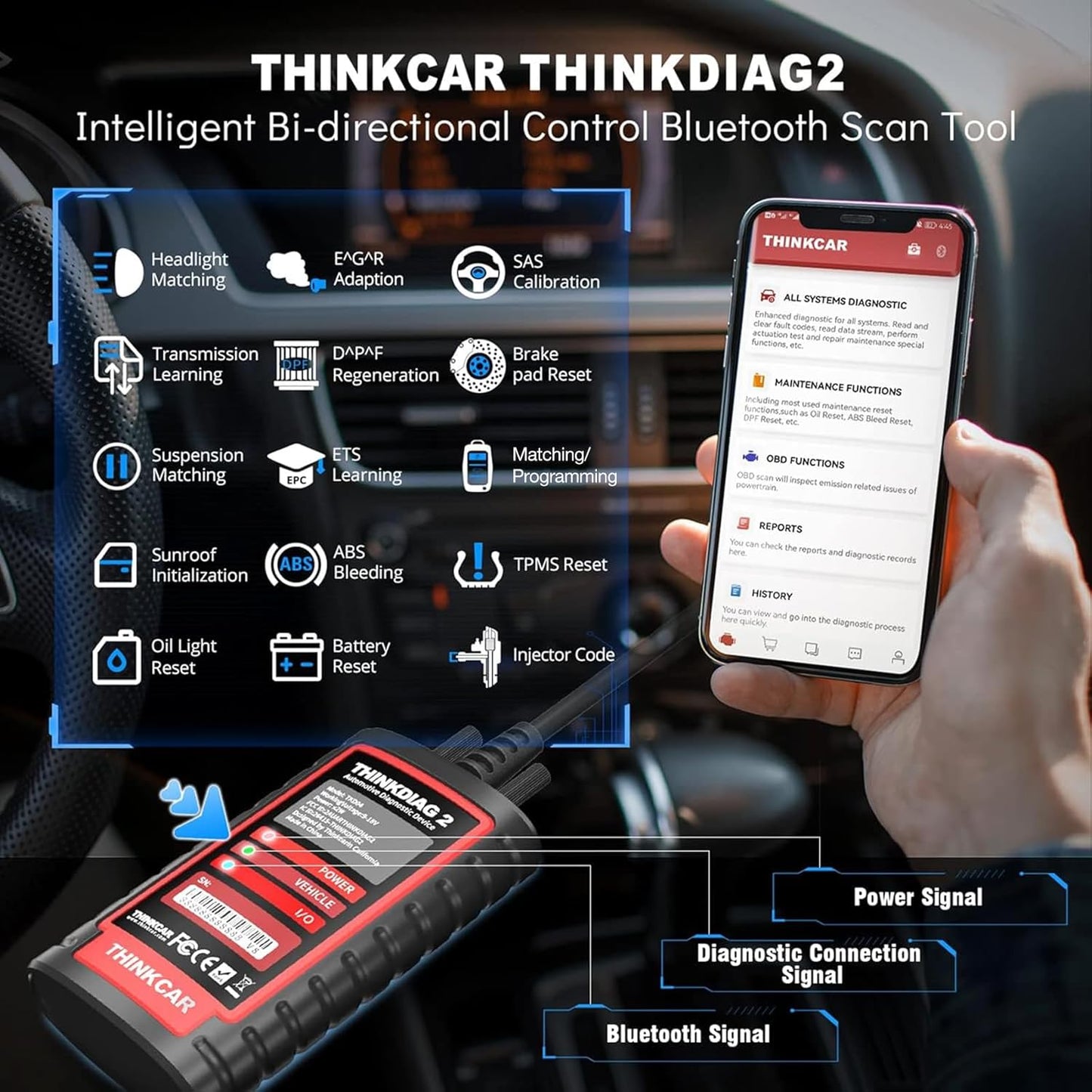 Thinkdiag2 All System Bidirectional Control OBD2 Diagnostic Scanner for iOS & Android, Bluetooth Scan Tool with CAN-FD Protocol, 15+ Reset Functions, ECU Coding, Active Test, AutoVIN, 1 Year Fr-ee