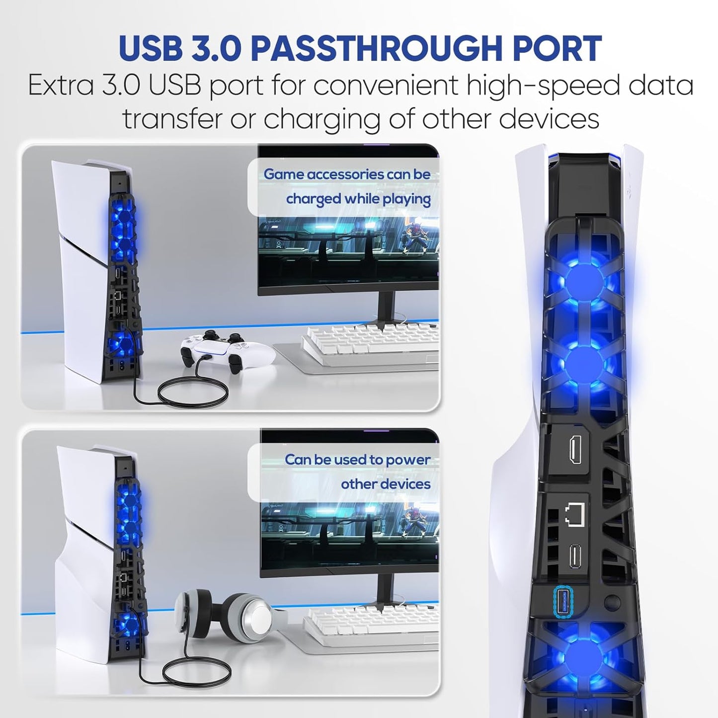 RGB PS5 Slim Light Cooling Fan, Temperature Controlled Fan Speed, Smart Memory Start-Stop Function, USB 3.0 Hub, Efficient Quiet Fan for PS 5 Slim Disc & Digital