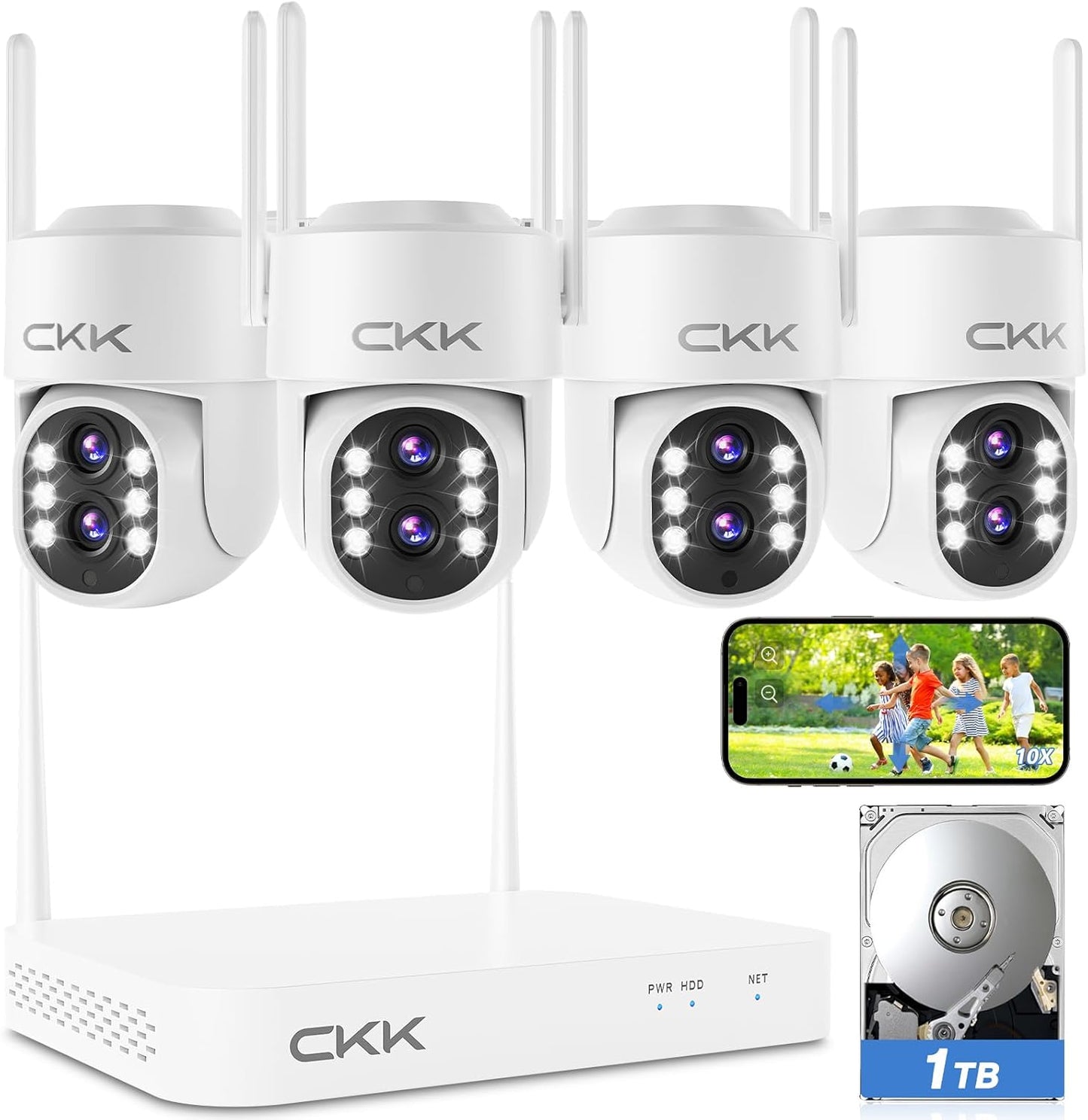 CKK 【Dual Wi-Fi, Dual Lens】 Wireless Security Camera System, 4PCS Outdoor Dual Lens PTZ Cameras Plug & Play for 24/7 Recording, AI Motion Detection/Color Night Vision, 2.4G/5G WiFi, and 1TB HDD.