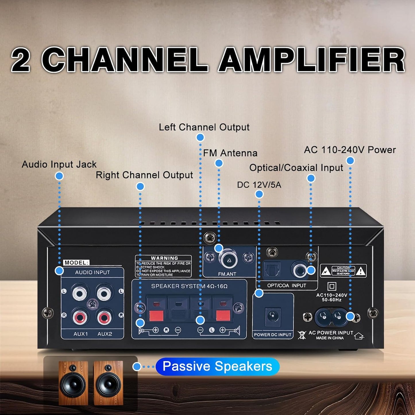 AK55 Bluetooth 5.0 Amplifier Home Audio,2.0 Channel Max 450W Power Stereo Amplifier Receiver w/USB/AUX/RCA/Opt/COA /2 MIC in for Home Theater Speakers