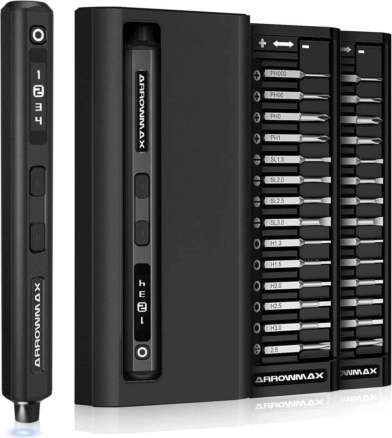 AM ARROWMAX Electric Screwdriver, Precision Screwdriver w/ 34 Magnetic Bits, 4 Torque Settings, Red Dot, IF Winning Design, Rechargeable Mini Repair Tool Kit for Phone, Laptop, Camera (SES) Black